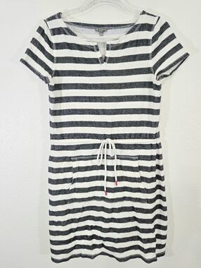 Talbots Black and White Striped Short Sleeve Drawstring Dress